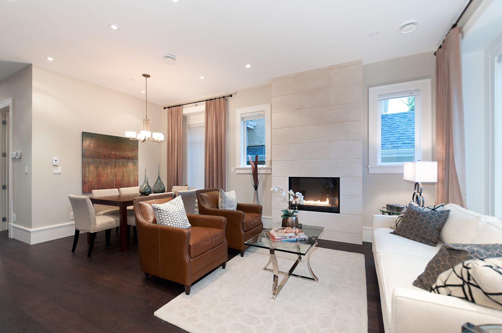 Living and dining room with fireplace