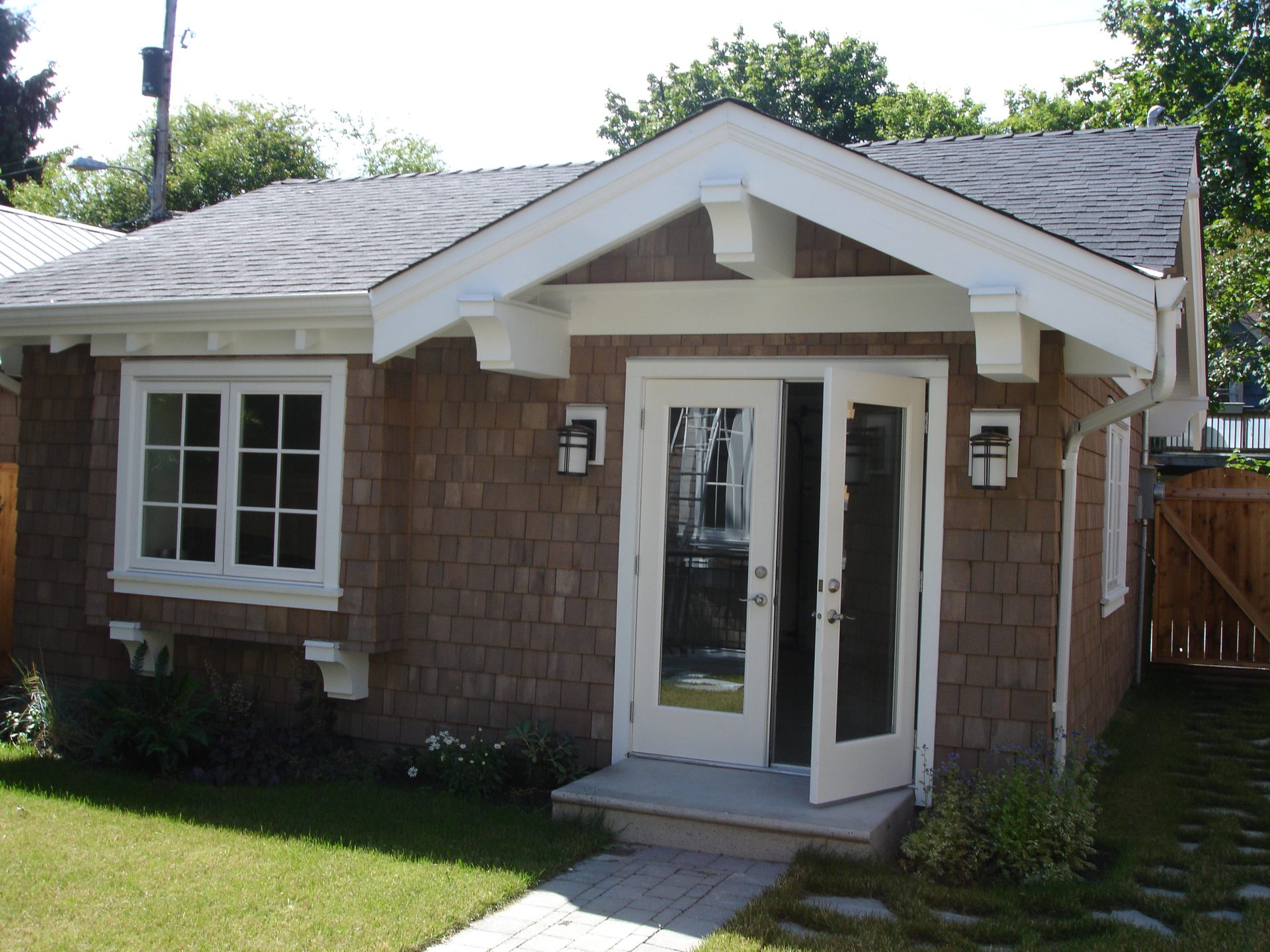 Garage building entry with French doors